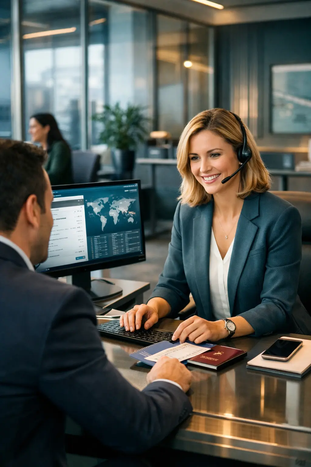 FSPL travel coordinator providing on-site ticketing support inside a corporate office
