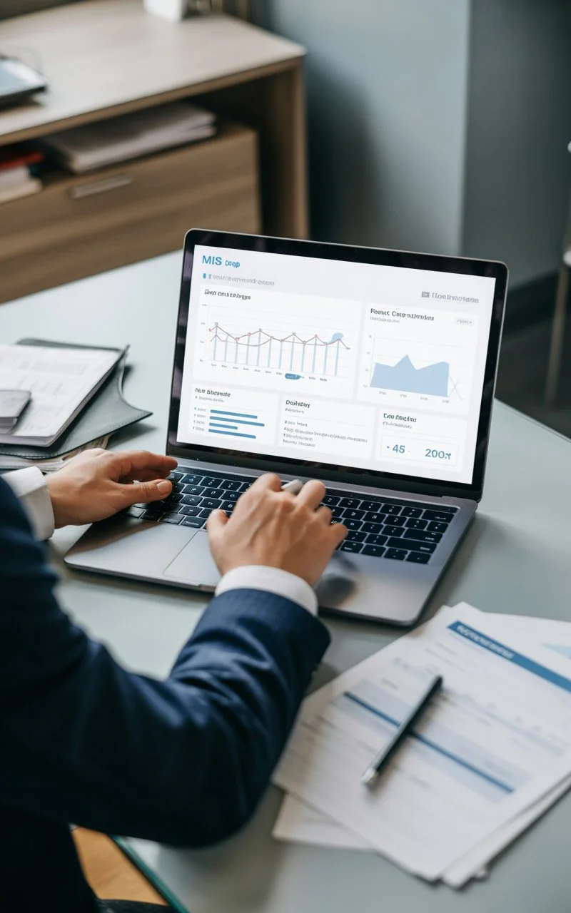 Corporate travel manager reviewing MIS reporting dashboards, travel analytics, and operational data