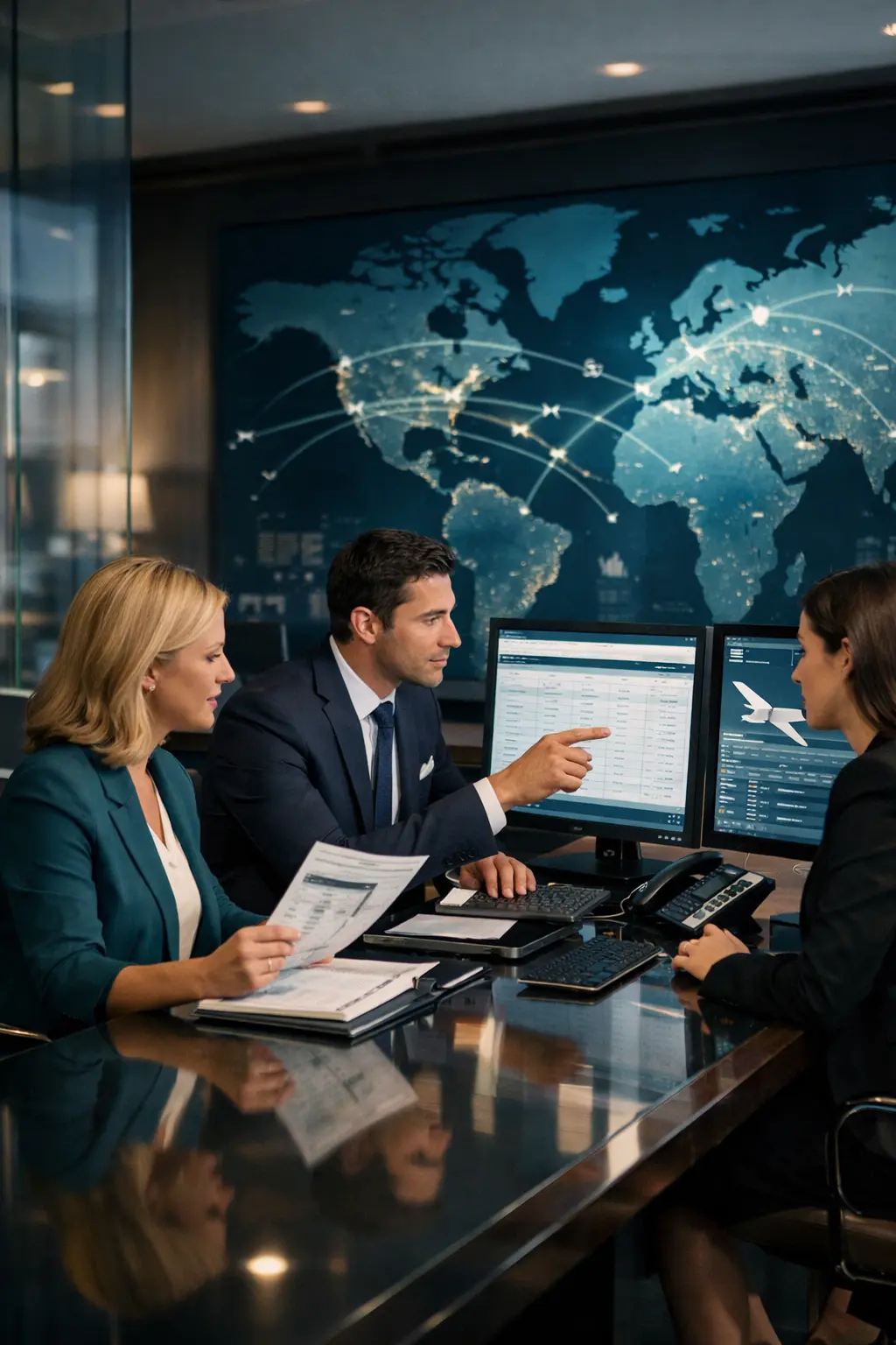 Professional corporate travel coordination team reviewing itineraries in a premium office setting
