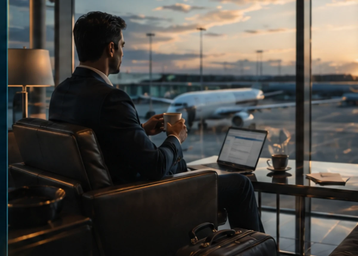Corporate traveler in a premium airport lounge