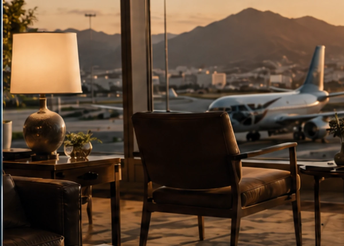 Premium airport lounge with runway view for travel management services
